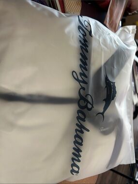 Tommy Bahama White Tote with Navy Script and Marlin